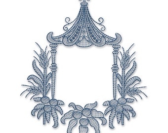 Pagoda Frame #2 Chinoiserie Sketch Embroidery Design - PES DST Instant Download