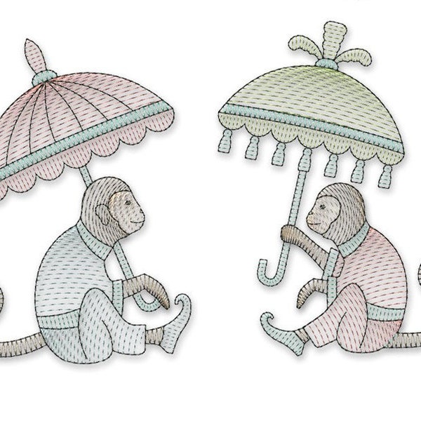 Monkey Holding Umbrella #3 Chinoiserie Sketch Embroidery Design - PES DST Machine Embroidery Instant Download Digital Files