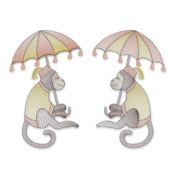 Monkey Holding Umbrella #2 Chinoiserie Sketch Embroidery Design - PES DST Machine Embroidery Instant Download Digital Files