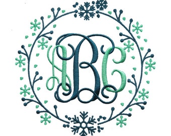 Christmas Snowflake Wreath Monogram PES DST Machine Embroidery Instant Download Digital Files