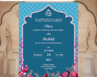 Customizable Hindu Wedding Invitation: Blue & Pink Floral, Mughal Design (Digital Template)