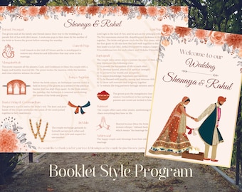 Hindu Wedding Program Printable | HASSLE FREE Customizable Digital Wedding Program, Gujarati Orange Wedding Program, Foldable Wedding Progra