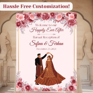 Baraat Welcome Pink Floral Sign | HASSLE FREE Customizable Digital Sign Template | Muslim Pakistani Indian Wedding Reception Sign Nikkah