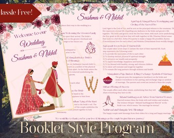 Hindu Wedding Program Printable | HASSLE FREE Customizable Digital Wedding Program, Gujarati Pink Wedding Program, Foldable Wedding Program