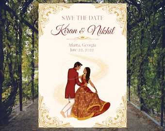 May include: Save the date card with a gold ornate border. The card features a couple in traditional Indian attire dancing. The text reads "Save the Date Kiran & Nikhil Atlanta, Georgia June 22, 2022".