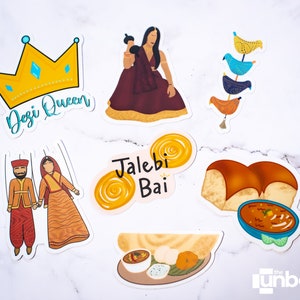 May include: A set of colourful stickers featuring Indian cultural elements. The stickers include a crown with the text "Desi Queen", a couple in traditional clothing, a plate of jalebi, a plate of food with a dosa, a plate of bread and curry, and a stack of colourful birds.