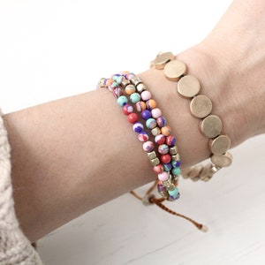 3strand natural delicate beaded pulltie bracelet. sophisticated gemstone gold beads bracelet.Boho Hippie surfer layering beads bracelet