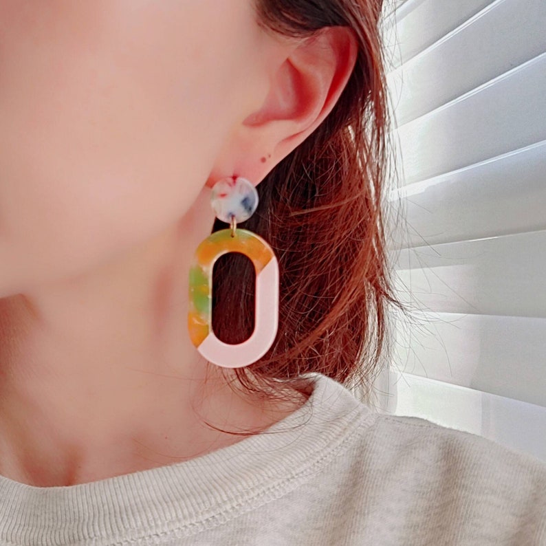 Acetate Resin EarringsRose Pink White Confetti Swirl EarringPink White Statement EarringsGeometric Modern EarringsPeach Tortoise earring
