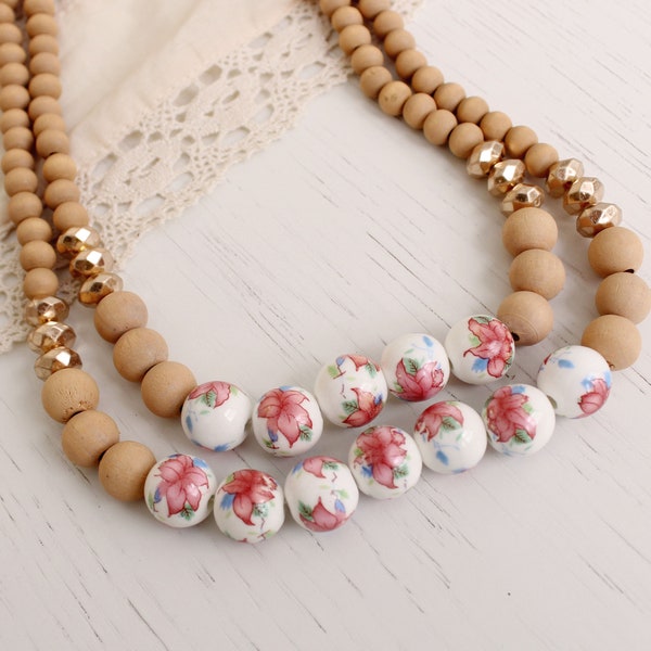 natural wood beads necklace.wood, ceramic floral beads necklace.artsy sophisticatd beads necklace. Boho Hippie natural beads necklace