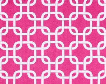May include: A seamless pattern featuring a white geometric design on a bright pink background. The pattern is made up of interlocking squares and circles, creating a modern and stylish look.