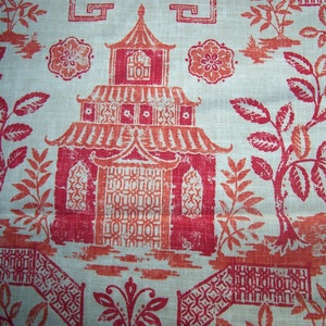 Richloom Teahouse Red Coral rose Linen Fabric Chinoiserie Asian Pagoda  Light Upholstery, Drapery, Curtains, Pillows