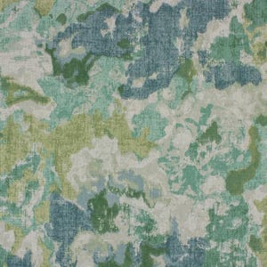 May include: Abstract fabric with a watercolor-like design. The pattern features overlapping shapes in shades of blue, green, and cream, creating a textured, artistic look. The fabric is suitable for various home decor projects.
