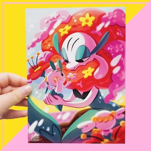 May include: A vibrant art print featuring a large, pink-skinned creature with a voluminous red floral mane adorned with yellow flowers. It holds a smaller, pink, rabbit-like creature that is reaching toward a flower. The text Kaluea Fareas is visible.