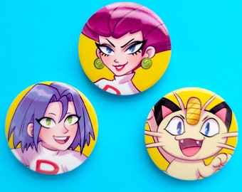 Team Rocket Button Pin Badges PKMN Jessie James and Meowth