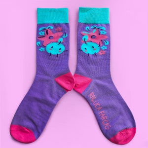 May include: A pair of purple socks with a pink and blue cartoon design. The socks have a turquoise cuff and the text "RALUCA FARCAS" is printed on the right sock.