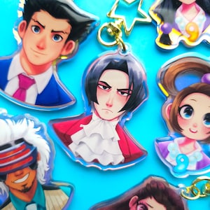 Phoenix Wright Ace Attorney Trilogy Rainbow Holographic Epoxy Keychains Charms- Phoenix, Edgeworth, Gumshoe, Pearl, Franziska, Godot, Maya