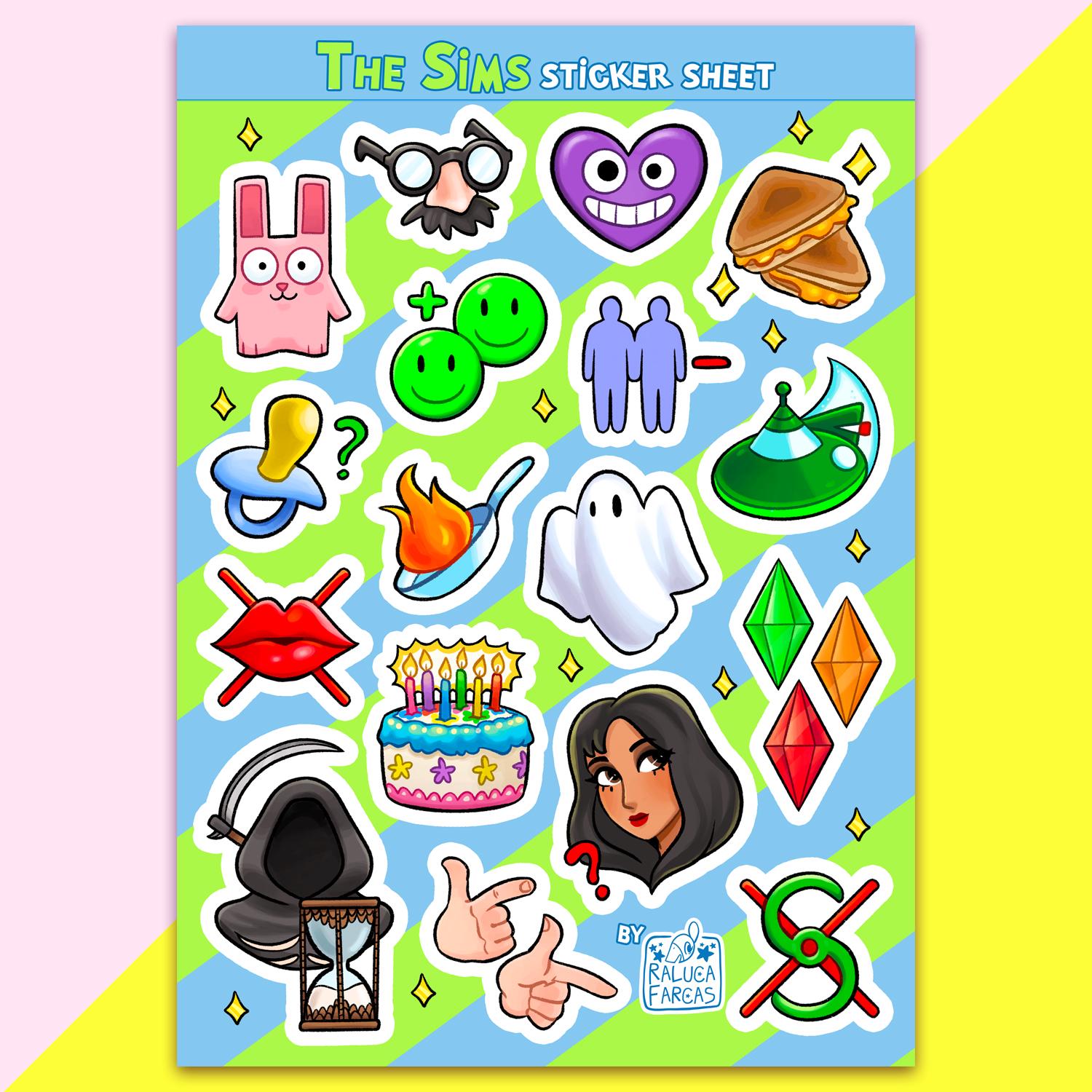 The Sims A6 Vinyl Sticker Sheet Including Bella Goth, the Grim