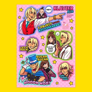 Klavier Gavin Apollo Justice Ace Attorney A6 Vinyl Sticker Sheet including Ema Skye and Trucy Wright
