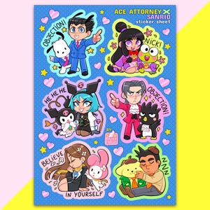 Feuille d'autocollants A6 Phoenix Wright Ace Attorney x Sanrio avec Edgeworth, Kuromi, My Melody, Purin, Badtz Maru, Franziska, Maya Fey, Keroppi