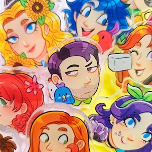 Stardew Valley Heads Acrylic Pins- Sebastian, Leah, Haley, Abigail, Emily, Krobus, Sam, Alex, Penny, Harvey, Shane, Maru, Sandy, Lewis