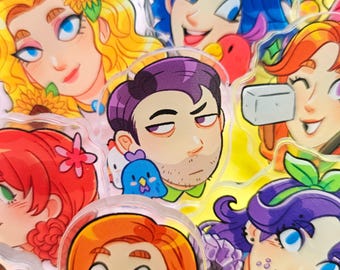 Stardew Valley Heads Acrylic Pins- Sebastian, Leah, Haley, Abigail, Emily, Krobus, Sam, Alex, Penny, Harvey, Shane, Maru, Sandy, Lewis