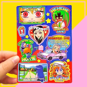 May include: A rectangular sticker sheet featuring various anime-style illustrations and text. Designs include characters with expressive faces, a white car, a bucket of fried chicken, and rural scenery with the text "Ah shit, here we go again."