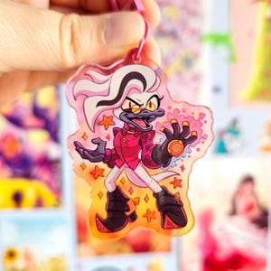 May include: A pink and white character with a long beak and white hair wearing a red jacket and black boots. The character is holding a pink and blue orb with a swirl in it. The character is on a pink and white background with stars.