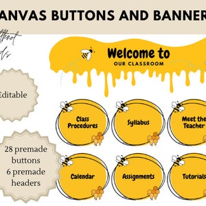 Könnte beinhalten: Ein Satz von 28 vorgefertigten Knöpfen und 6 vorgefertigten Kopfzeilen für die Klassenzimmerorganisation. Die Knöpfe und Kopfzeilen haben ein Bienen-Thema mit gelben und schwarzen Farben. Der Text "Willkommen in unserem Klassenzimmer" ist auf einem gelben Banner mit tropfendem Honig zu sehen.