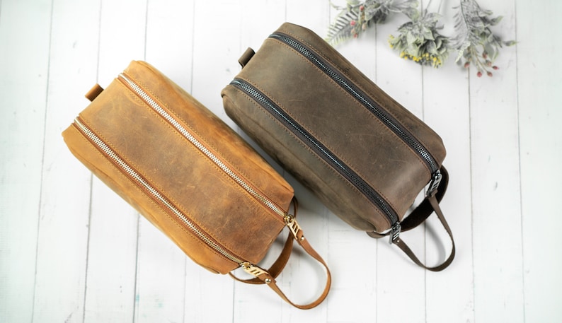 Personalized Leather Dopp Kit Bag, 3rd Anniversary Gift for Men, Best Fathers Day Gift, Leather Toiletry Bag for Valentines Day Gift for Him image 4