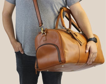 Handmade Full Grain Leather Duffle Bag, Personalized Weekend Travel Bag