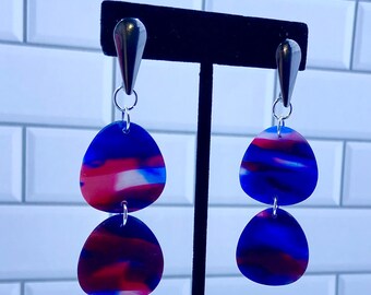 Vibrant red, white, and blue translucent double dangle earrings