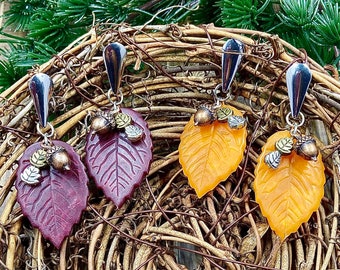 Embossed leaves with copper acorn and metal leaf beads on silver stud finding