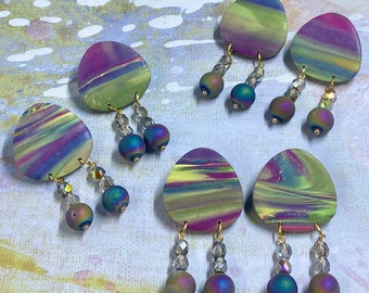 Abstract watercolor studs with crystal and iridescent rainbow beads