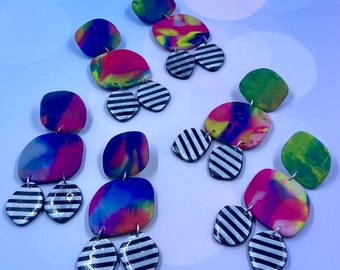 Vibrant watercolor and striped statement earrings