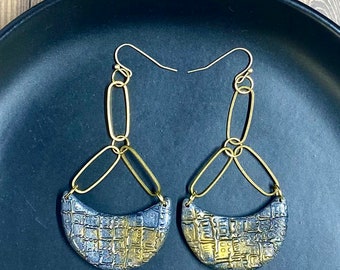 Modern dangle earrings in embossed hematite and gold with brass links