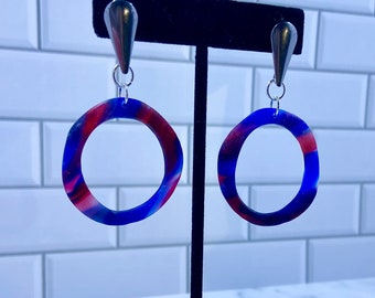 Vibrant red, white, and blue translucent hoop earrings