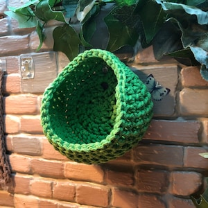 May include: A green crocheted hanging basket with a white butterfly on a brick wall.