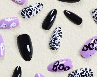 Nails press on acrylic short square Spiderweb Halloween spooky!
