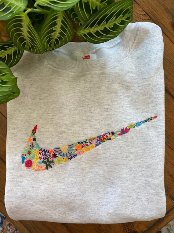 Hand embroidered nike logo floral sweatshirt | Etsy