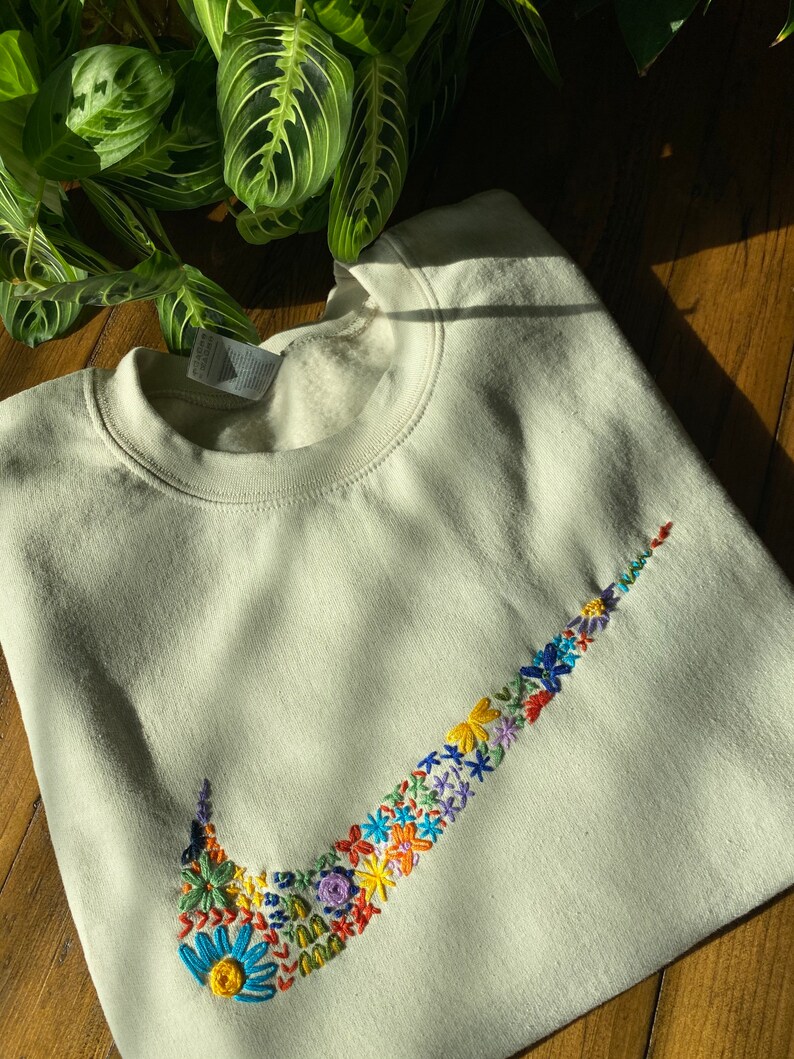 Hand embroidered nike logo floral sweatshirt | Etsy