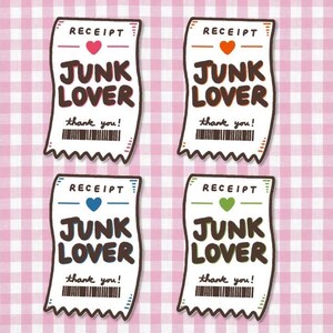 May include: Four receipt-shaped stickers with the text "RECEIPT" at the top and "JUNK LOVER" in bold letters. Each sticker has a different colored heart and the words "thank you!" below the text.