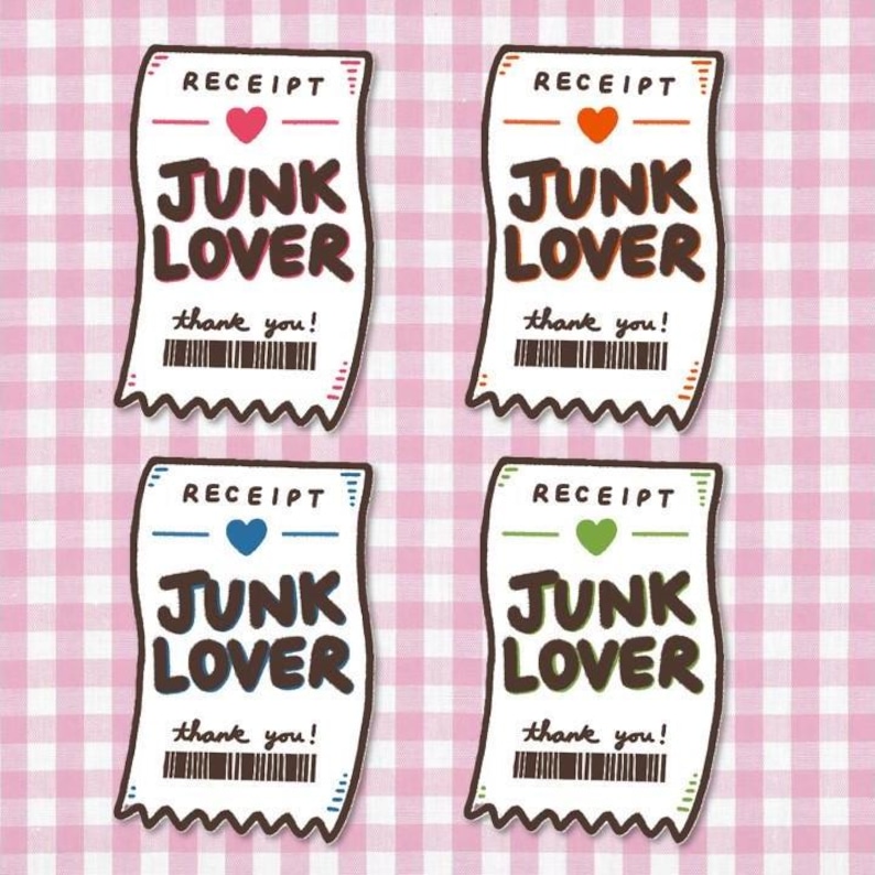 May include: Four receipt-shaped stickers with the text "RECEIPT" at the top and "JUNK LOVER" in bold letters. Each sticker has a different colored heart and the words "thank you!" below the text.