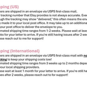 May include: Text on a white background providing shipping information for US and international orders. It details shipping via USPS, estimated delivery times, and tracking information.