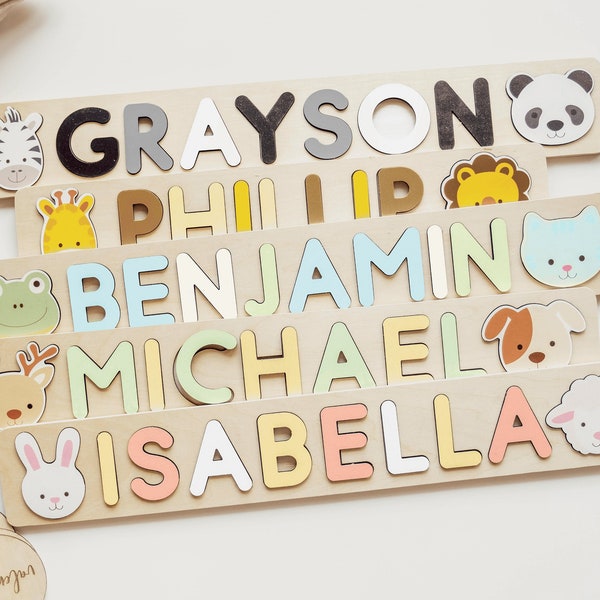 Animals Personalized Wooden Name Puzzle with Pegs, Gifts for Kids, Custom Name Baby Shower Gift, Newborn, Toddler Name Toys, First Birthday