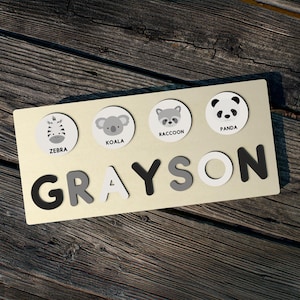 Personalized Wooden Name Puzzle with Interchangeable Animals, Montessori Toddler Toy, Summer or 1st Birthday Gift
