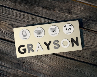 Personalized Wooden Name Puzzle with Interchangeable Animals, Montessori Toddler Toy, Summer or 1st Birthday Gift