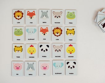 Animal Faces Montessori Wooden Memory Game,memory game,Homeschool preschool kindergarten toddler matching cards,kids activity,Back to school