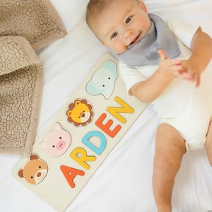 Baby Animal Custom Name Puzzle, Animal Personalized 1st Birthday Gifts for Boys, Girls, Nursery Decor, first Birthday decor, Montessori Toys image 1