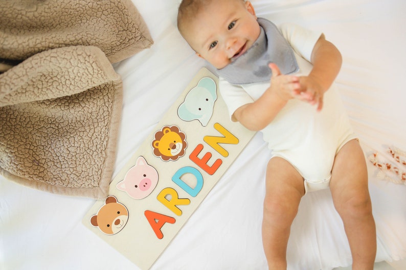 Baby Animal Custom Name Puzzle, Animal Personalized 1st Birthday Gifts for Boys, Girls, Nursery Decor, first Birthday decor, Montessori Toys image 1