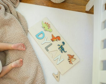 Dinosaur Personalized Wooden Baby Name Puzzle with Pegs,Montessori Toys,Nursery Decor,Baby Shower Gift, Newborn, Toddler gift, 1st Birthday